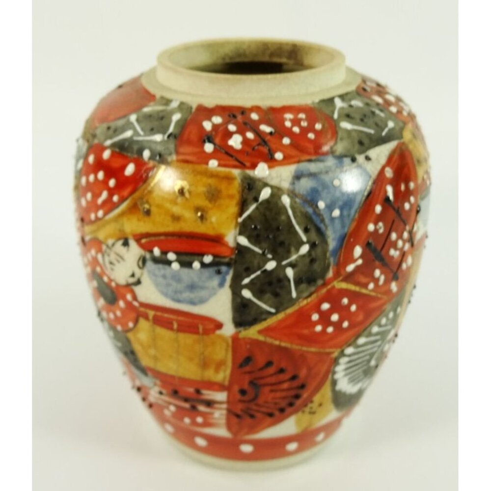 Vintage Satsuma-Style Art Vase Pottery Moriage Japanese Warrior Samurai Crazing - Picture 4 of 14